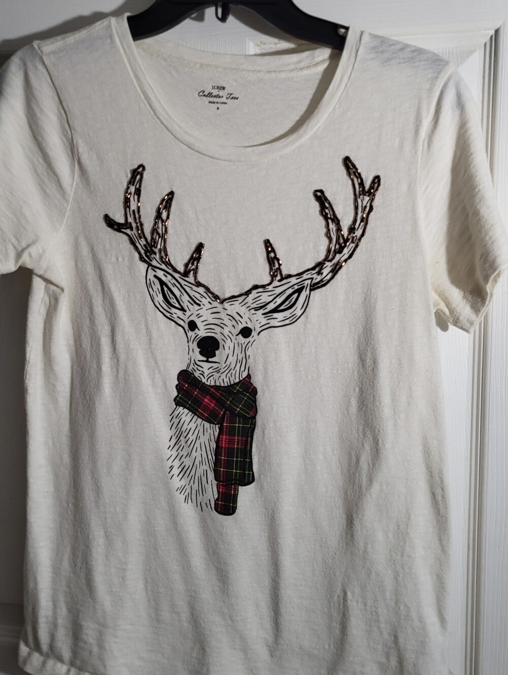 J Crew Collecter tee, Cream Tee with Deer Graphic and Plaid Scarf, Holiday Shir
